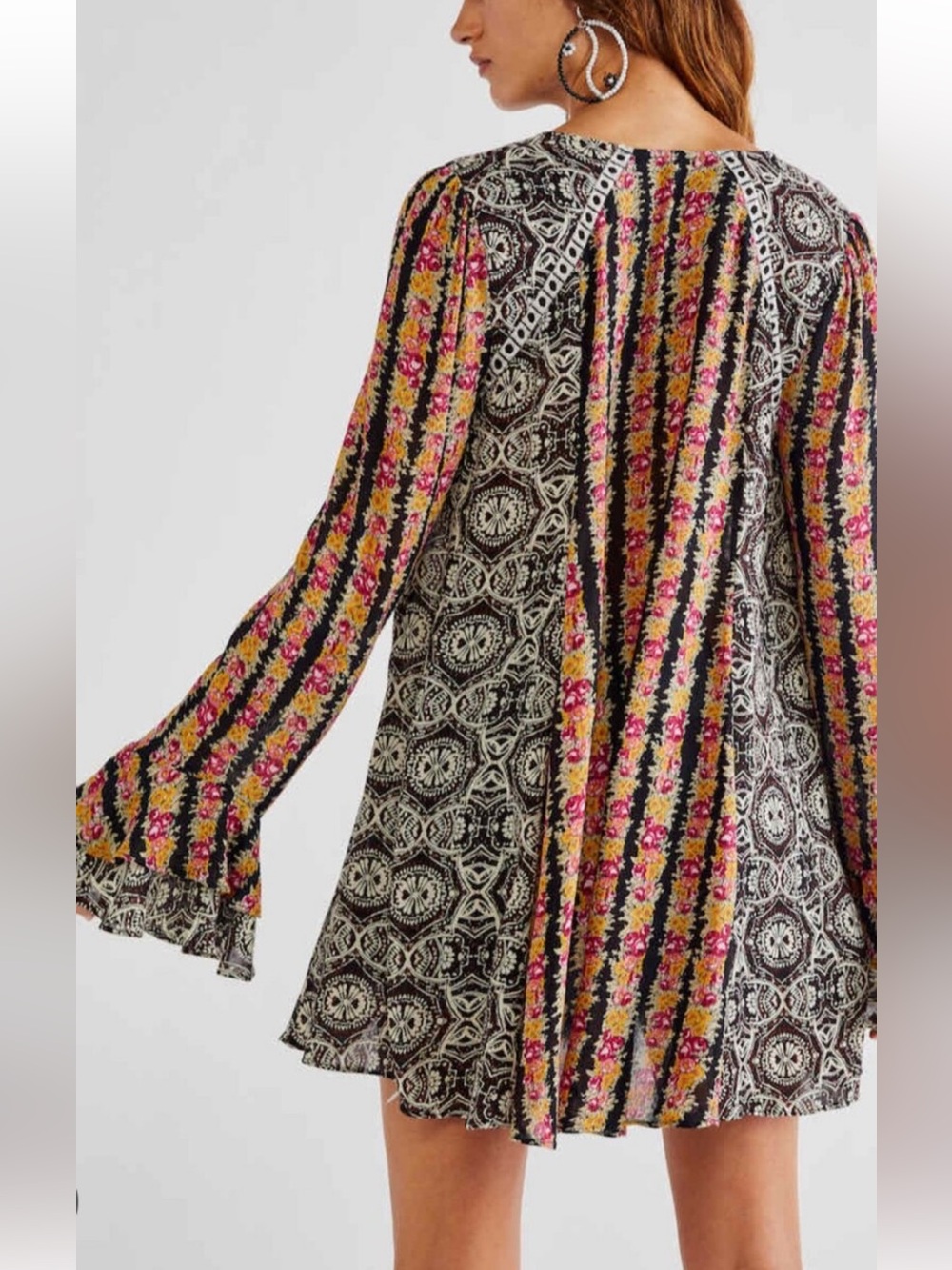 Free People Fallin Into You Tunic Dress  Black Combo Womens L Bell Sleeve Boho - Picture 11 of 14